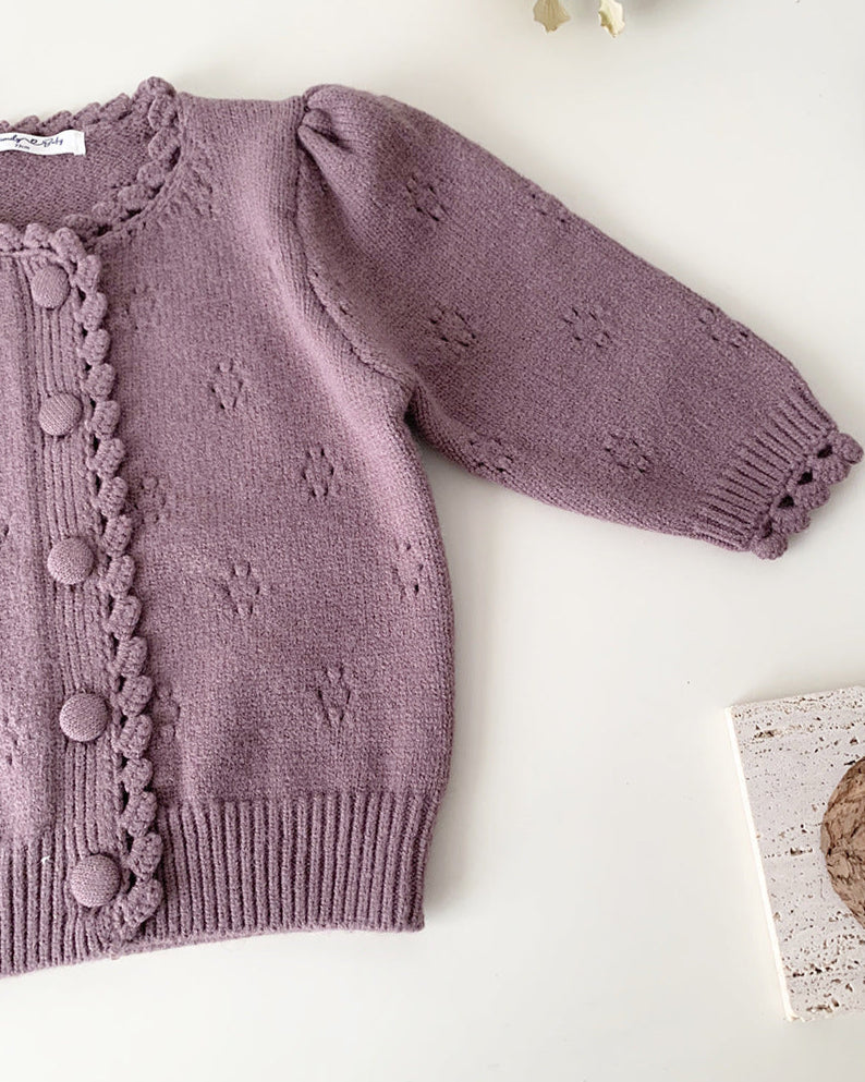 Puffy Sleeve Buttoned Knitted Baby Sweater Cardigan