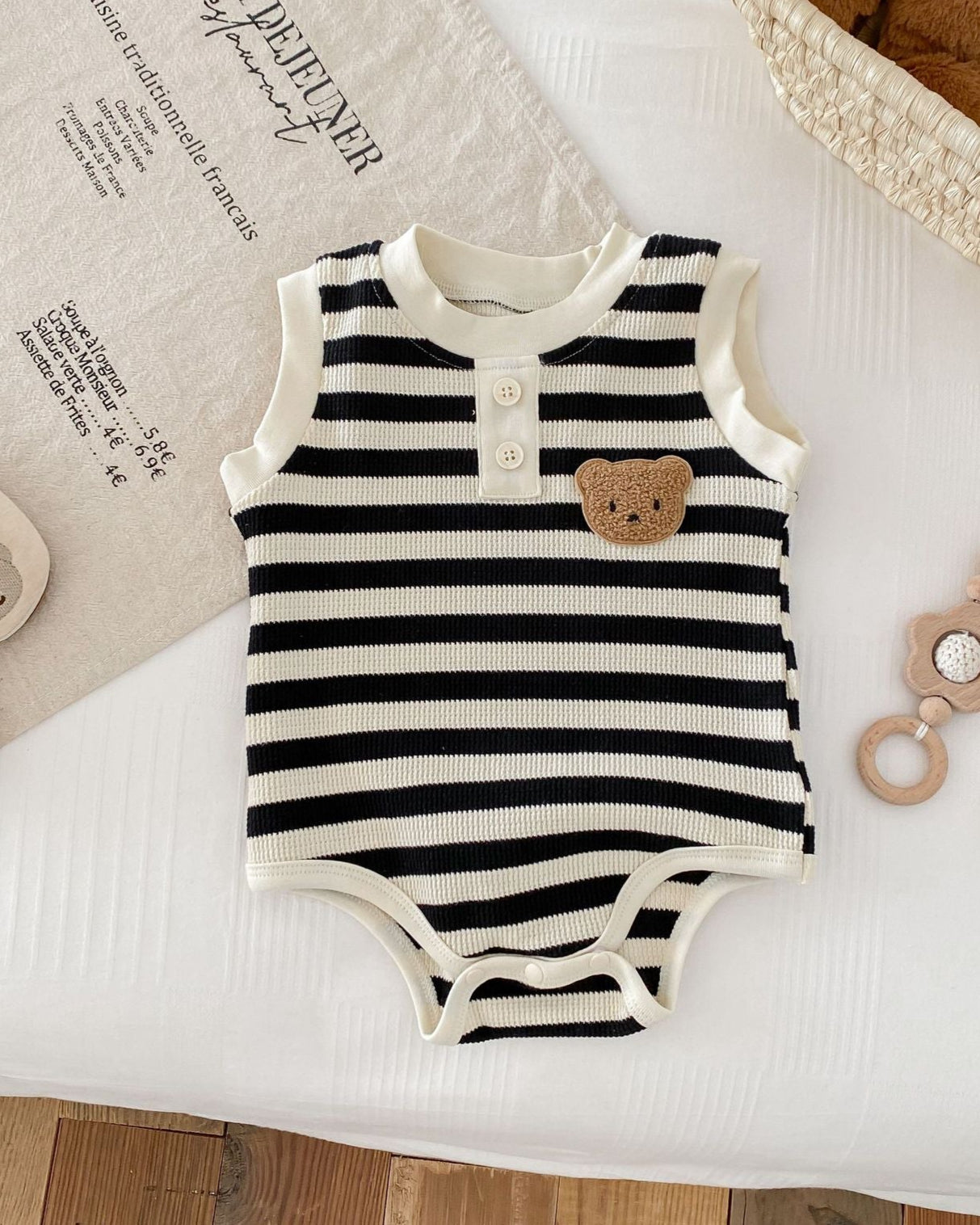 Striped Bear Head Sleeveless Baby Romper