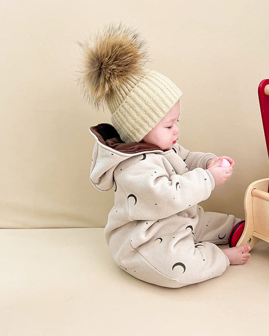 Tree Moon Warm Fleece Hooded Baby Jumpsuits