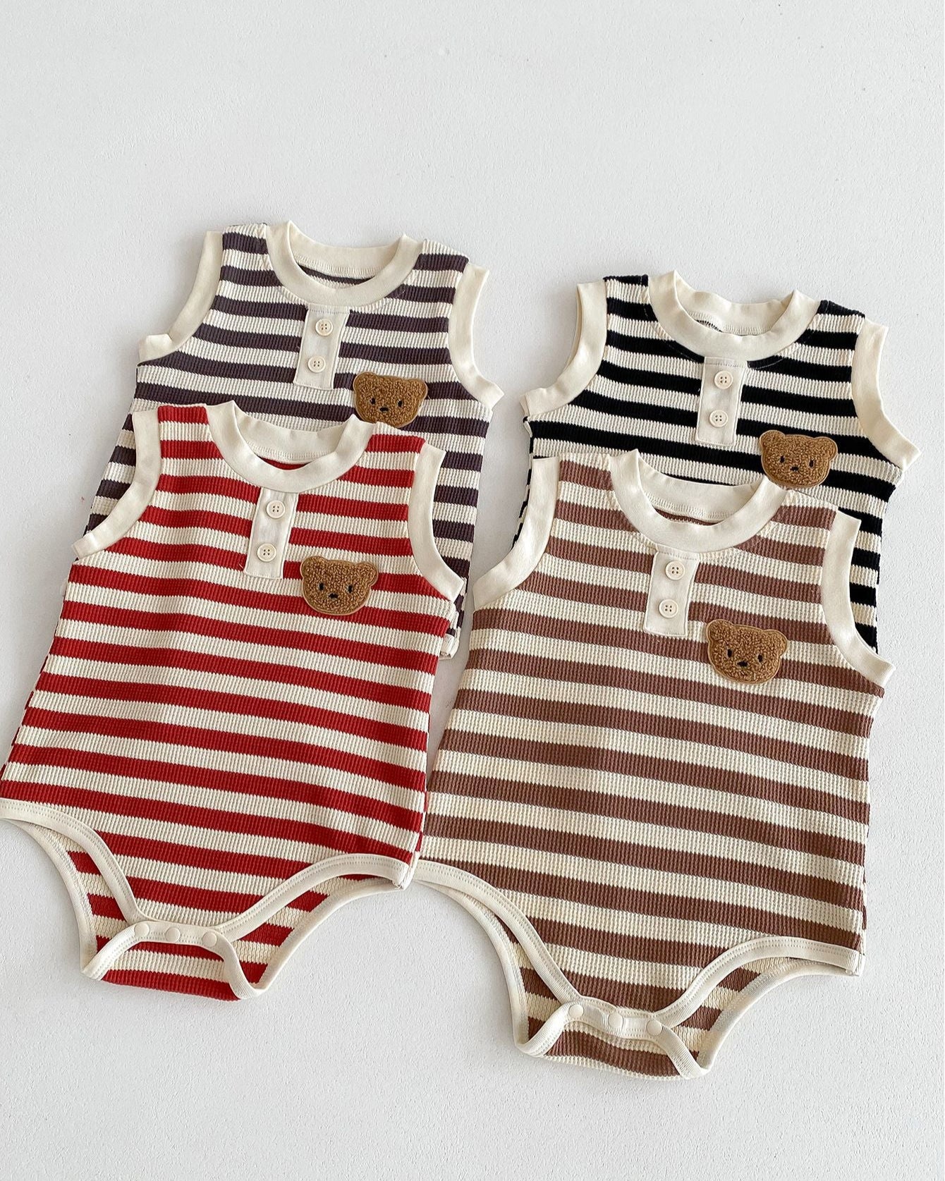 Striped Bear Head Sleeveless Baby Romper
