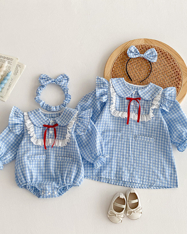 Ruffled Sleeve Plaid Girl Dress/Baby Romper