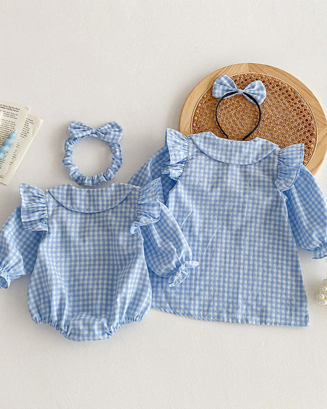 Ruffled Sleeve Plaid Girl Dress/Baby Romper