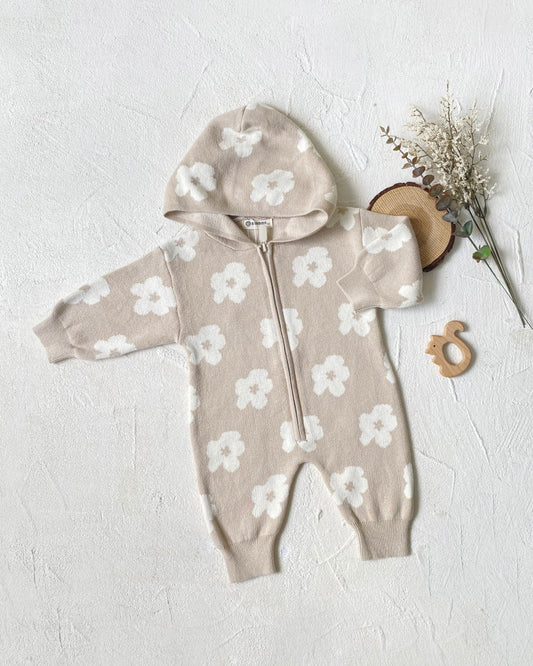 Flower Zipped Knitted Hooded Baby Jumpsuits