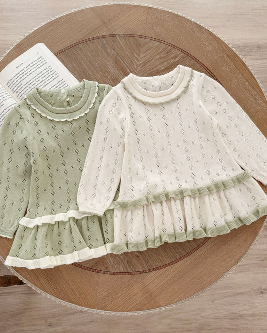 Hollow Knitted Layered Long Sleeve Baby Girl Dress