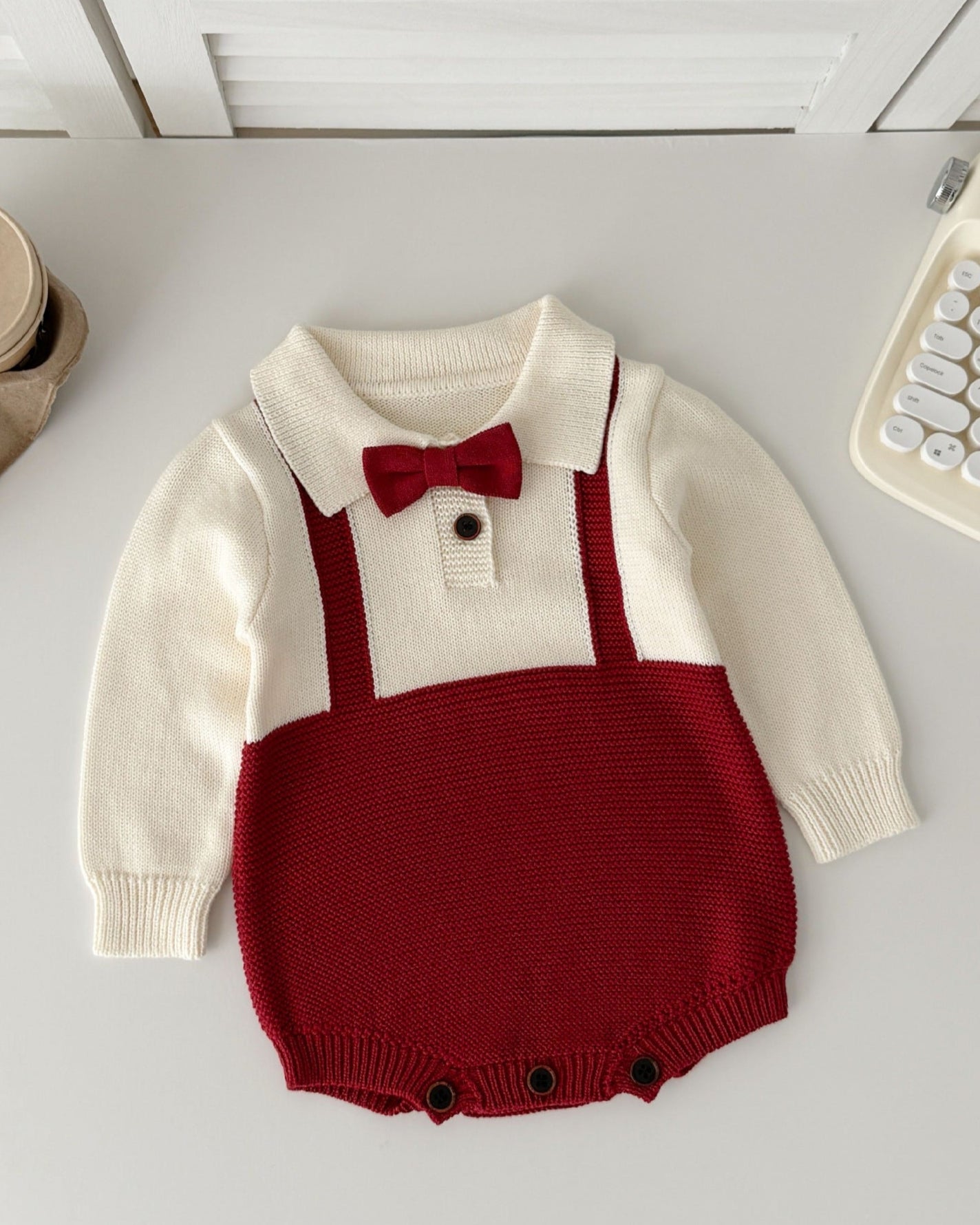 Tie Decor Long Sleeve Knitted Baby Romper