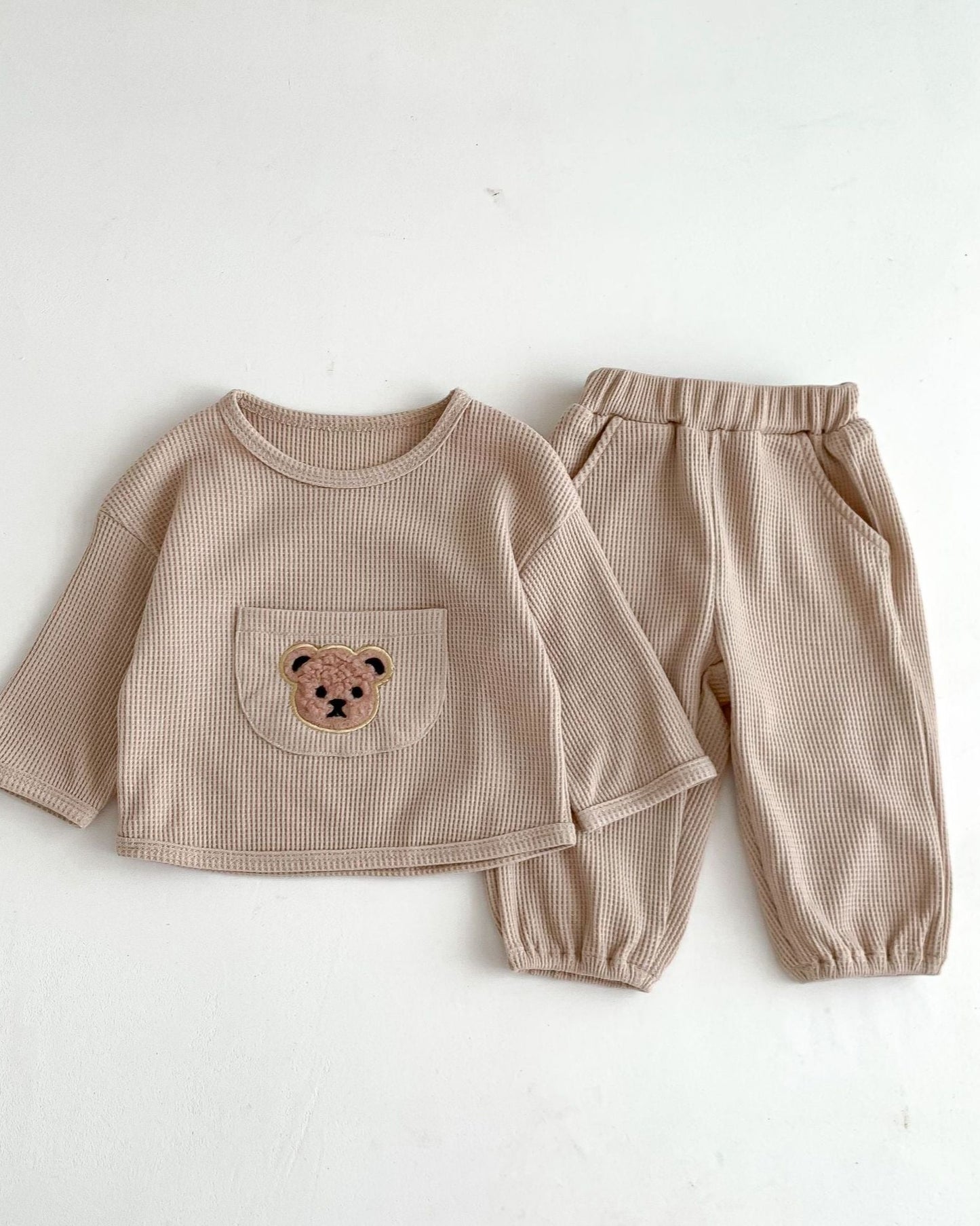 Waffled Bear Pocket Baby Pullover&Pants Set