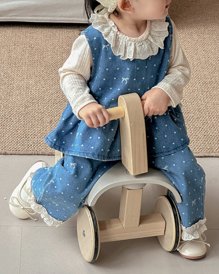 Sweet Denim Bow Dot Pattern 2pcs Set Bottoming Shirt