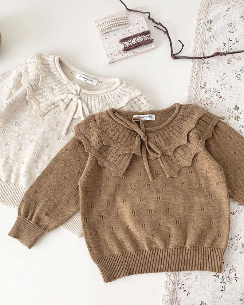 Sweet Lace-up Ruffled Collar Knitted Baby Sweater