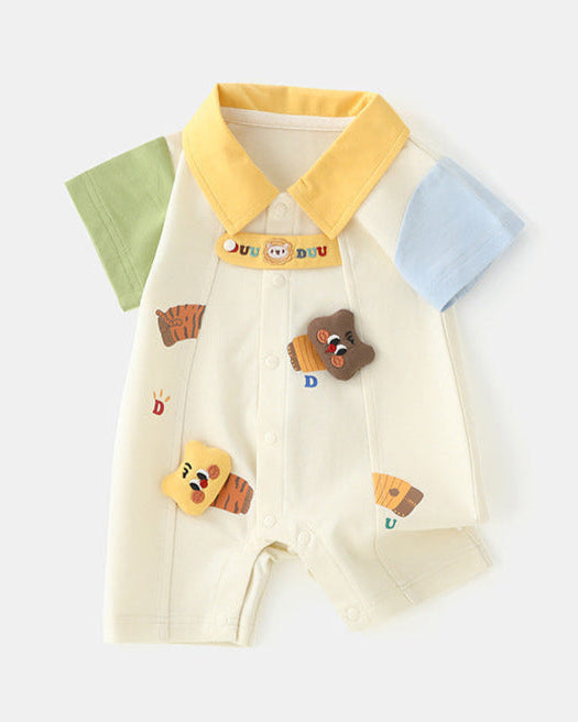 Casual Cartoon Color Block Short Sleeve Baby Romper