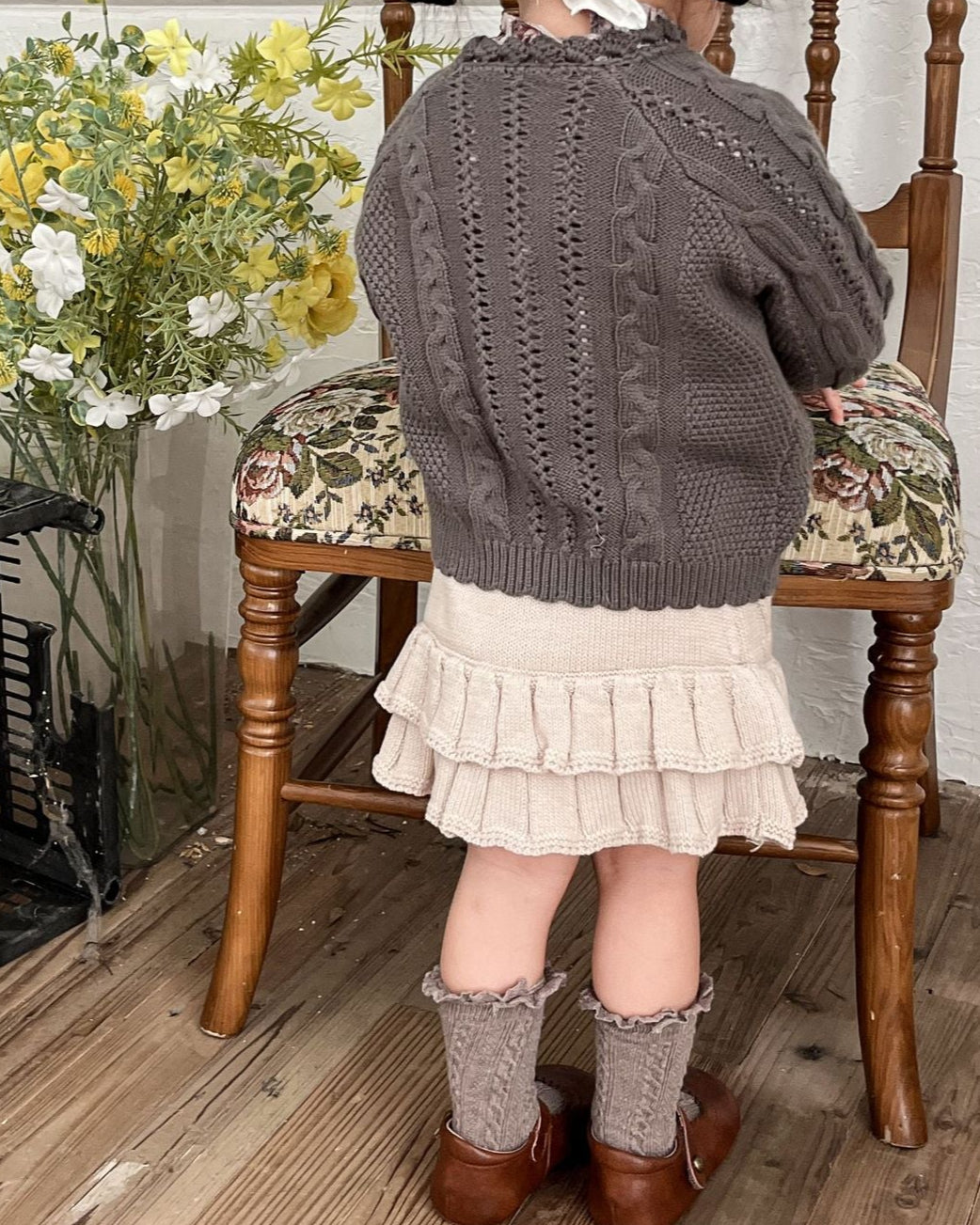 Solid Color Cable-Knit Buttoned Baby Sweater Cardigan