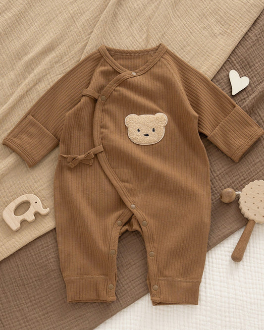 Bear Pattern Solid Color Cotton Long Sleeve Baby Jumpsuits Hat