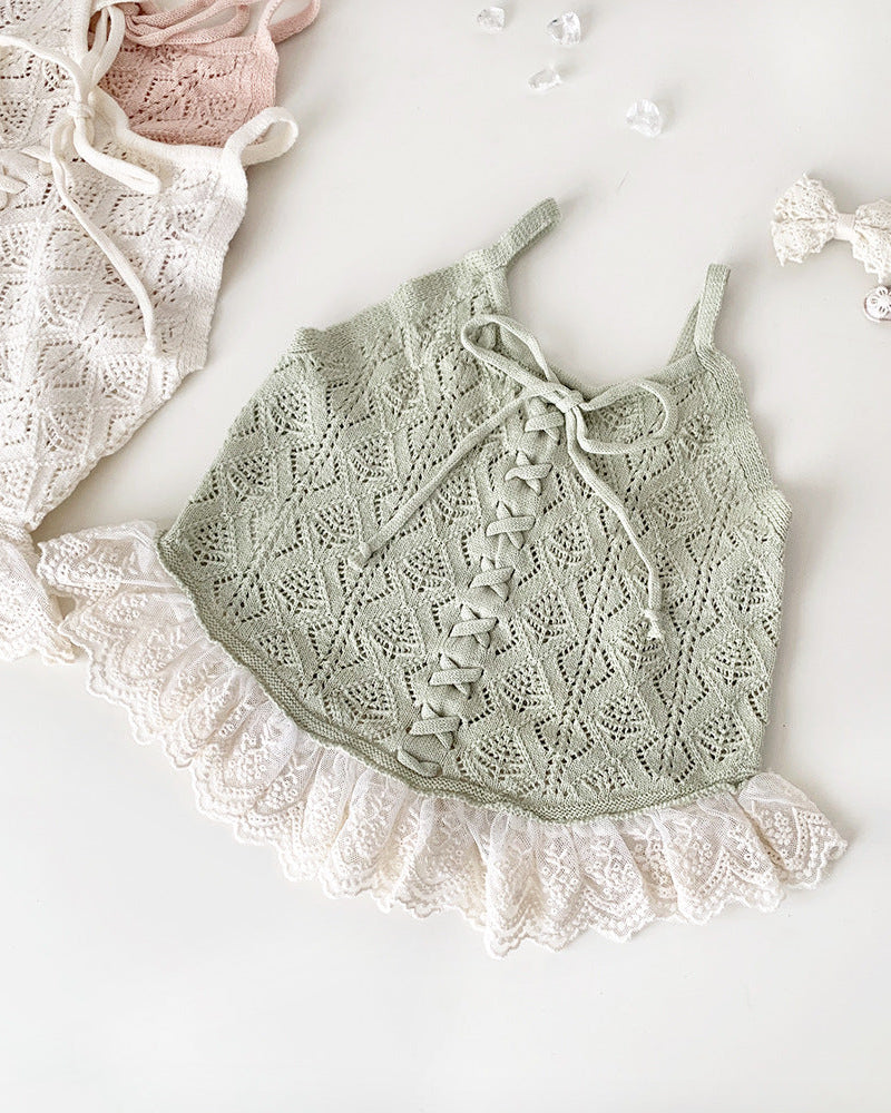 Lace-up Knitted Baby Girl Tank Top/Short Pants