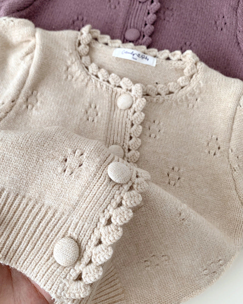 Puffy Sleeve Buttoned Knitted Baby Sweater Cardigan