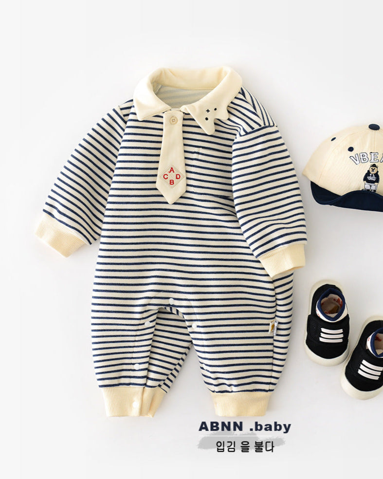 Striped Tie Bear Collar Long Sleeve Baby Jumpsuits
