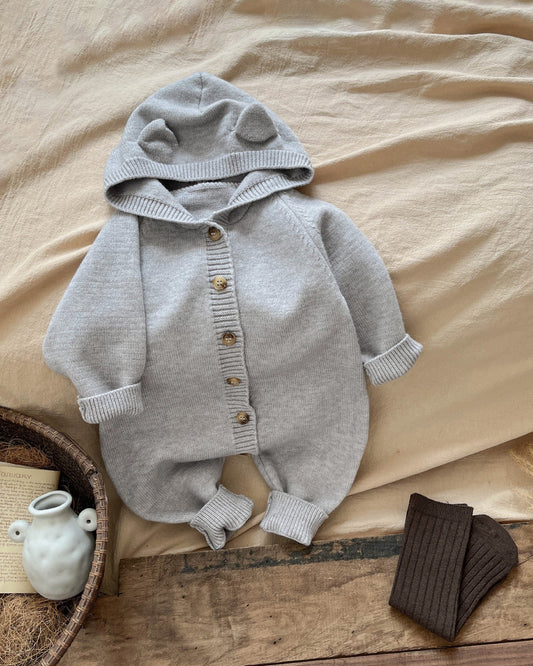 Solid Color Knitted Ear Baby Hooded Jumpsuits