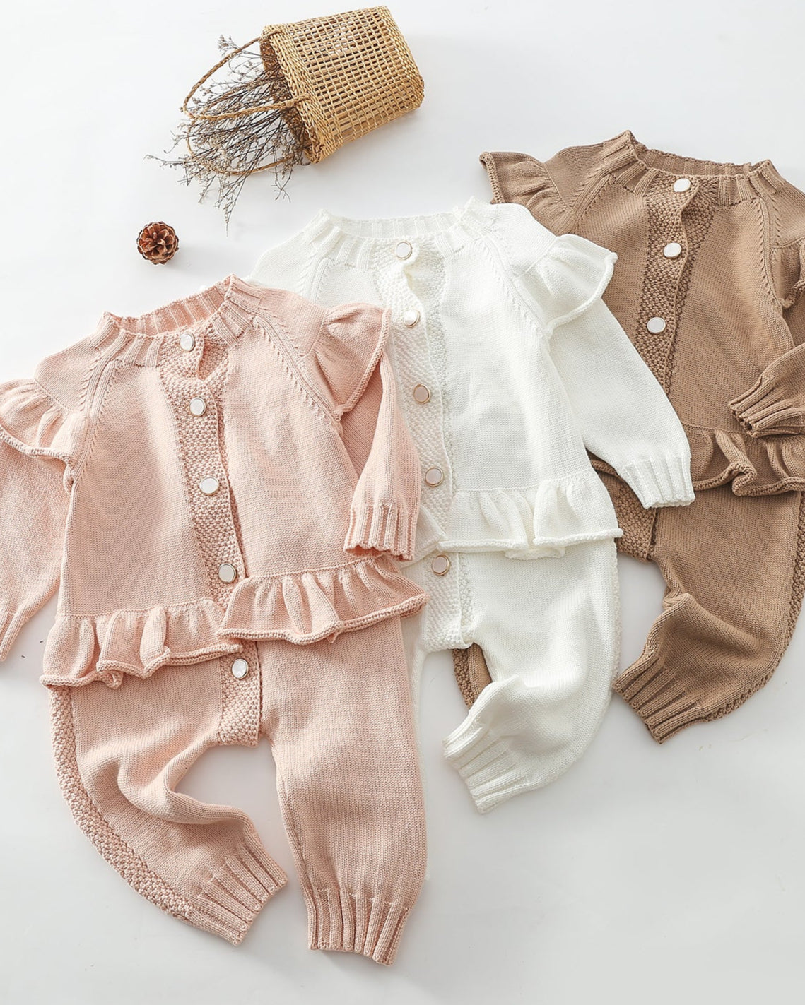 Ruffled Buttoned Knitted Long Sleeve Baby Jumpsuits