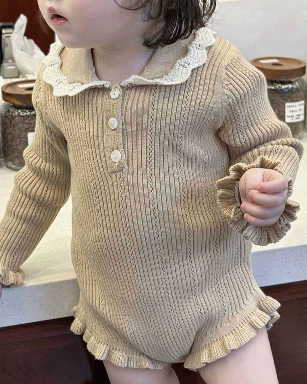 Buttoned Lace Collar Knitted Long Sleeve Baby Romper