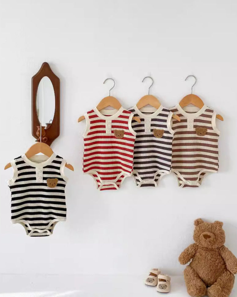 Striped Bear Head Sleeveless Baby Romper