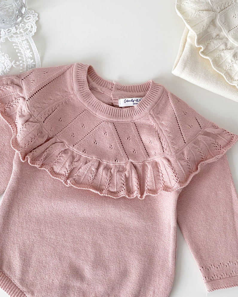 Sweet Ruffled Collar Long Sleeve Knitted Baby Romper