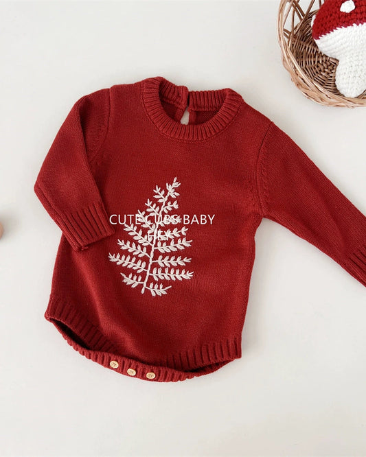 Knitted Tree Pattern Red Baby Romper