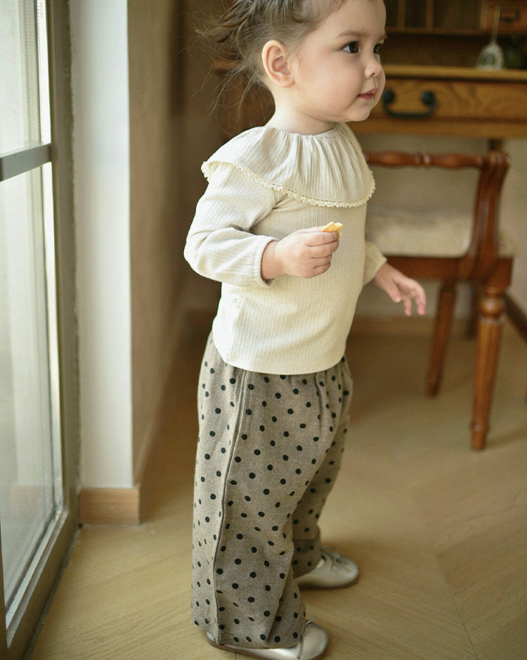 Ruffled Collar Long Sleeve Baby Girl Sweatshirt Polka Dot Pants