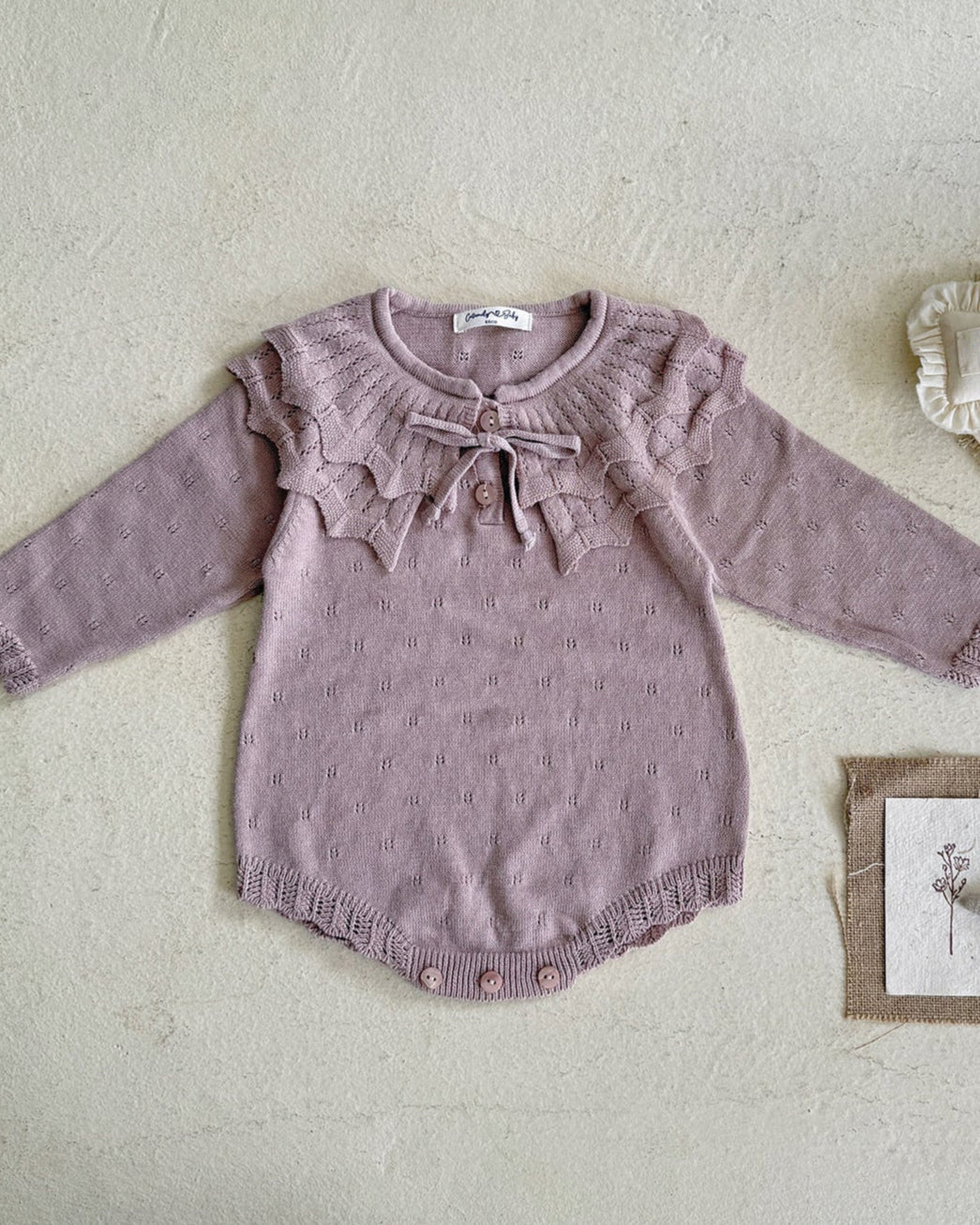 Lace-up Knitted Ruffled Collar Long Sleeve Baby Romper