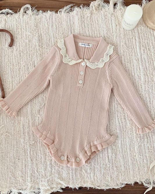 Buttoned Lace Collar Knitted Long Sleeve Baby Romper