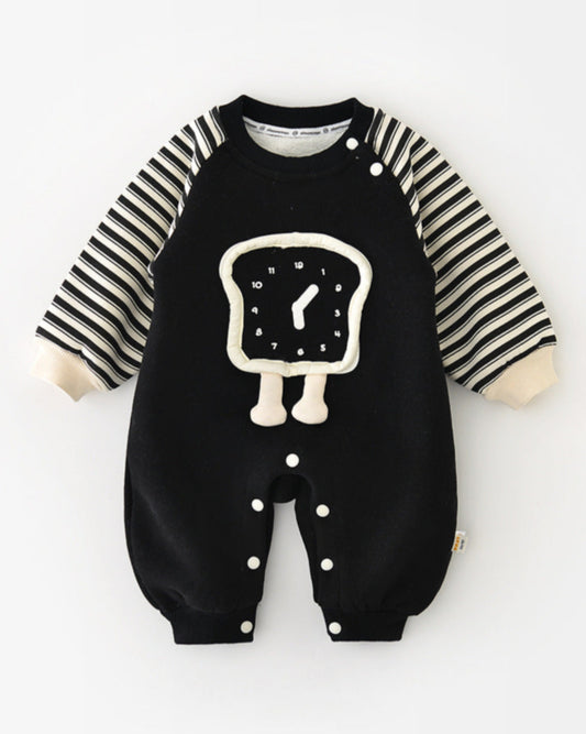 Clock Pattern Striped Fleece Baby Jumpsuits