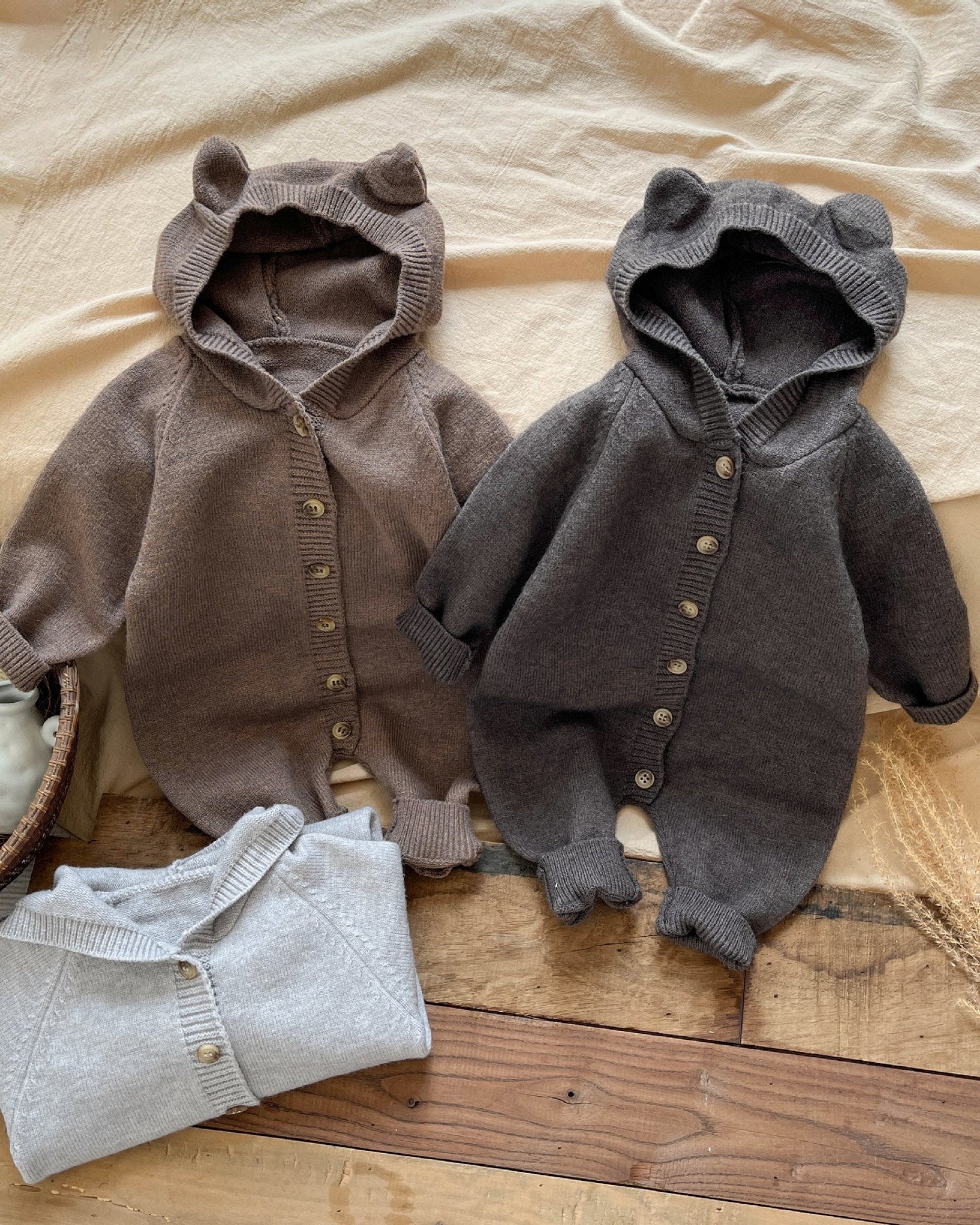 Solid Color Knitted Ear Baby Hooded Jumpsuits