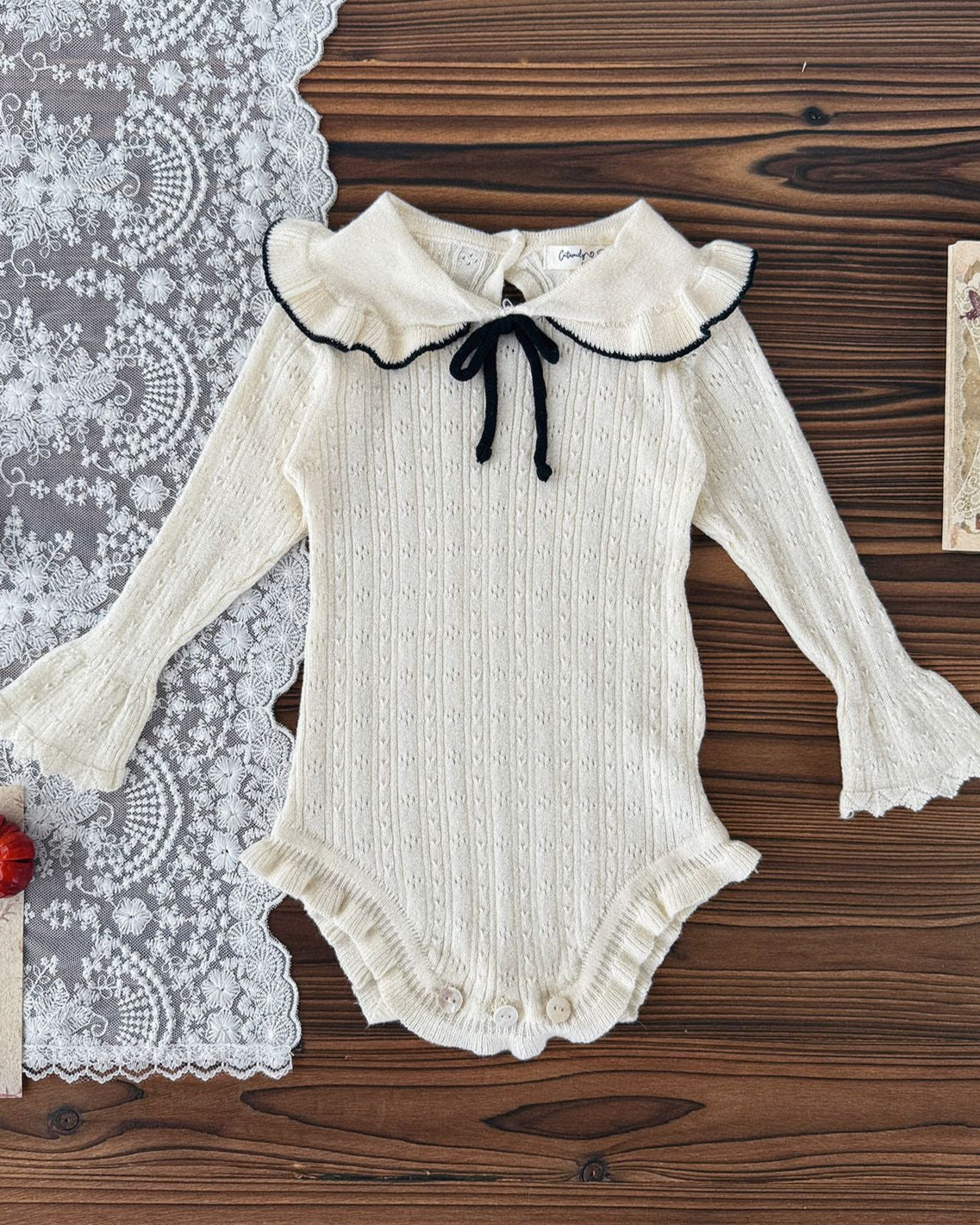 Lace-up Ruffled Bell Sleeve Knitted Baby Romper