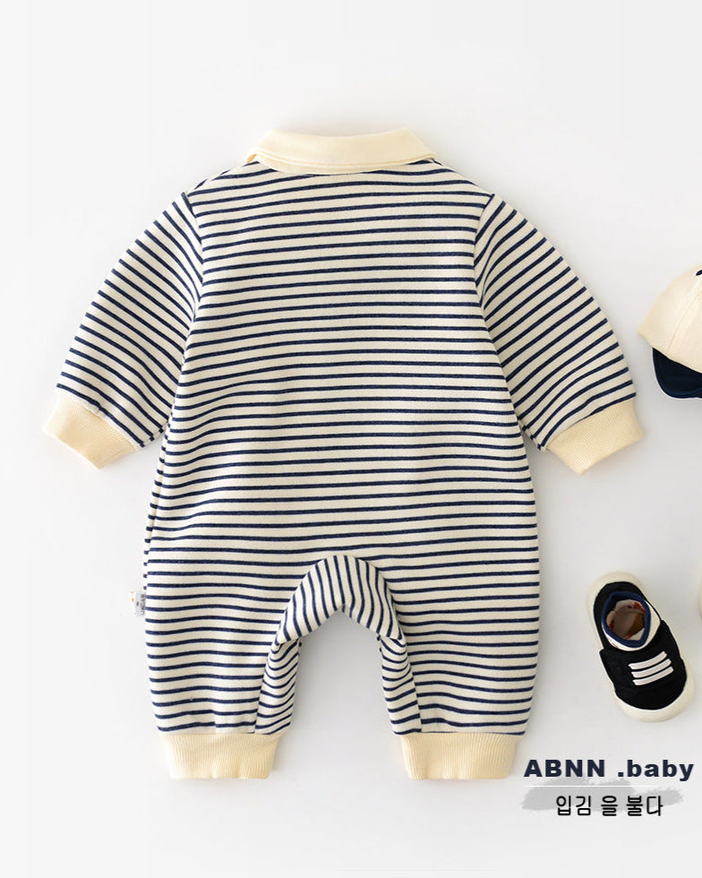 Striped Tie Bear Collar Long Sleeve Baby Jumpsuits