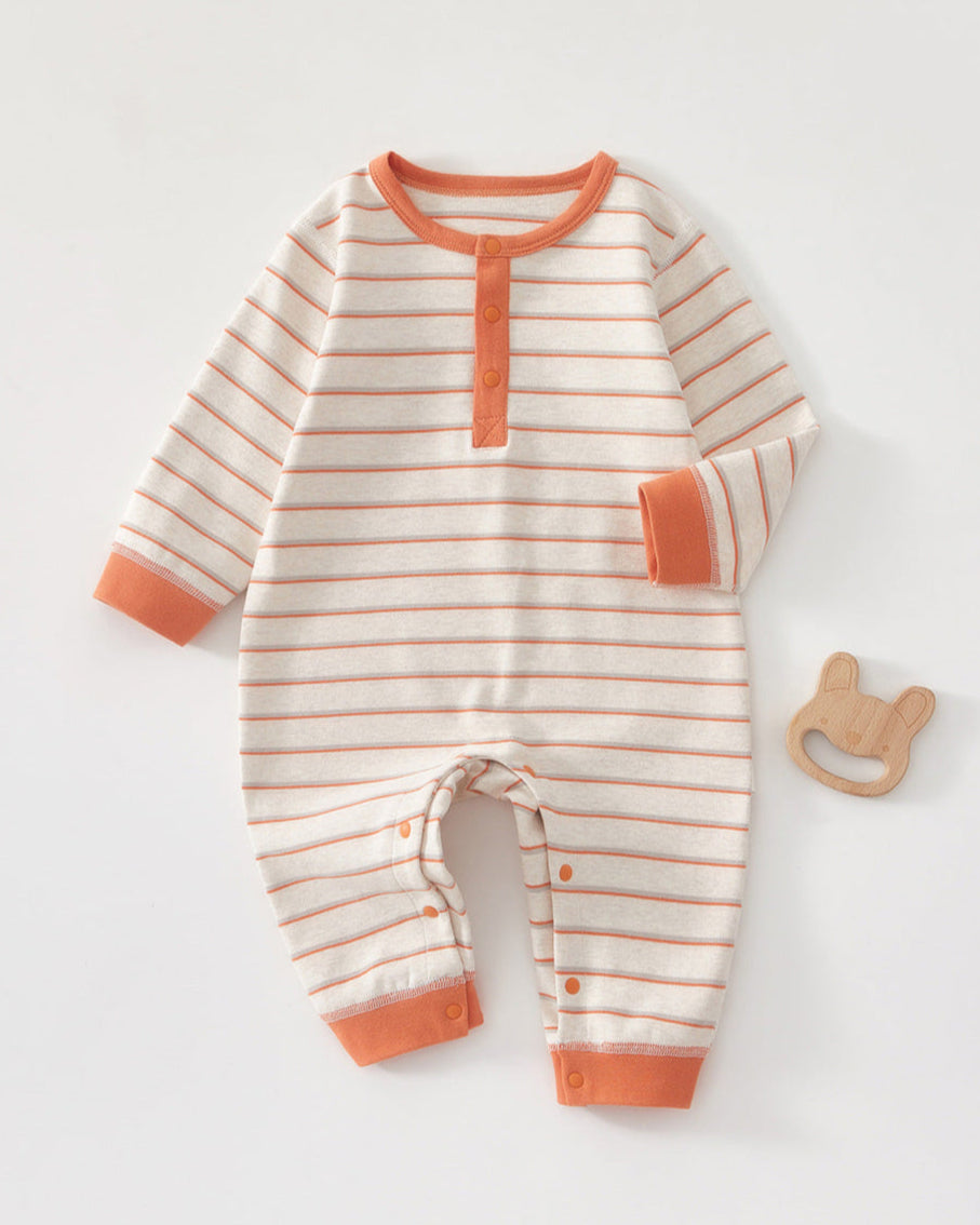 Striped Cotton Buttoned Long Sleeve Baby Jumpsuits