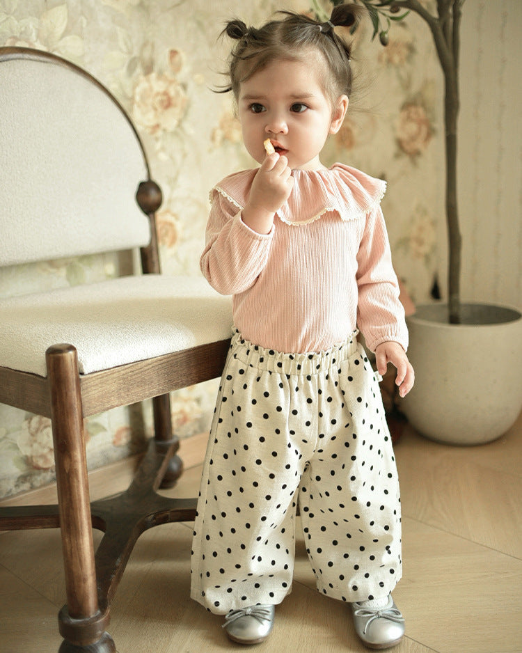 Ruffled Collar Long Sleeve Baby Girl Sweatshirt Polka Dot Pants