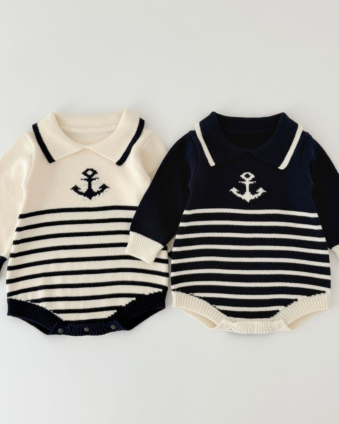 Striped Anchor Pattern Knitted Long Sleeve Baby Romper