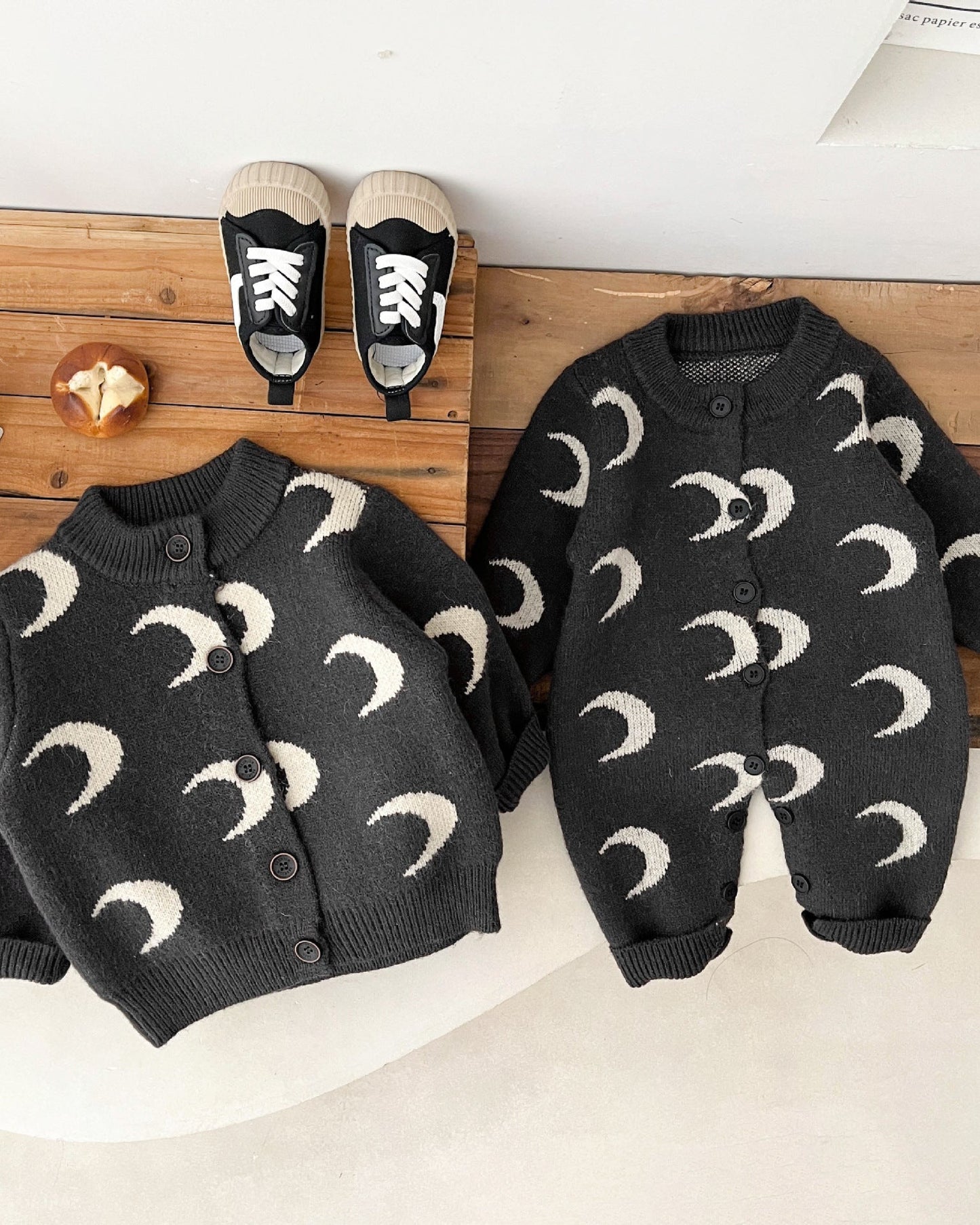 Moon Printed Knitted Baby Long Sleeve Cardigan Jumpsuits