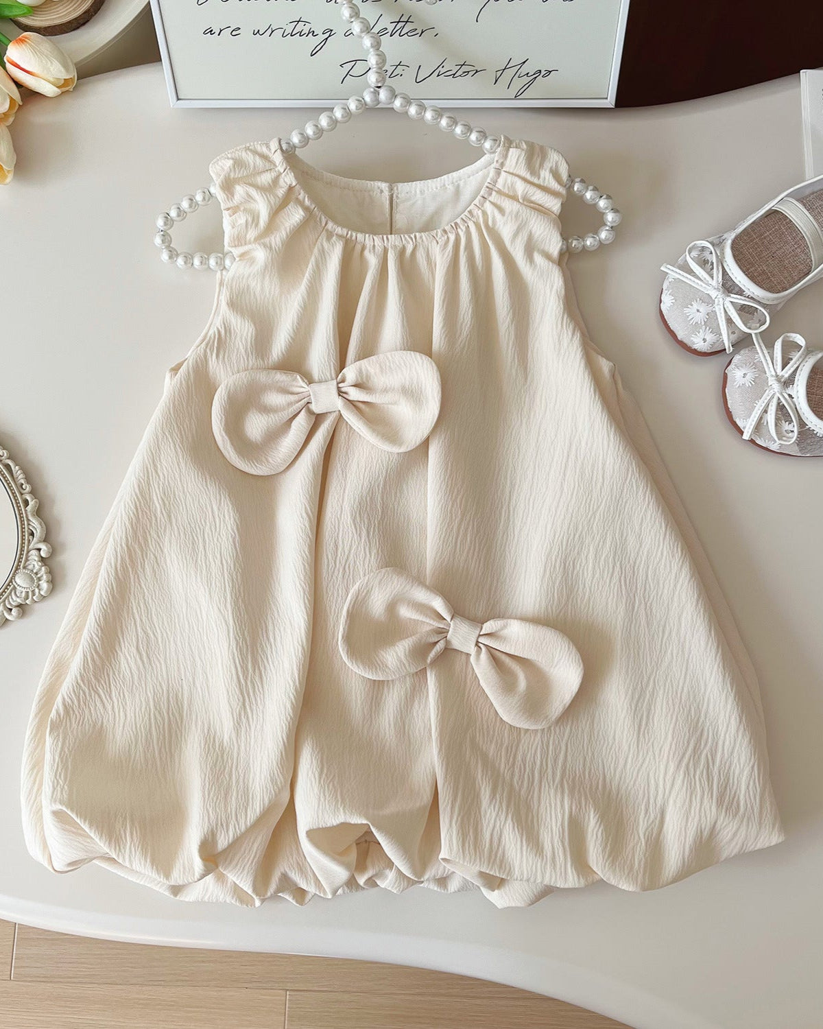 Beige Sweet Bow Decor Girl Dress/Outfit