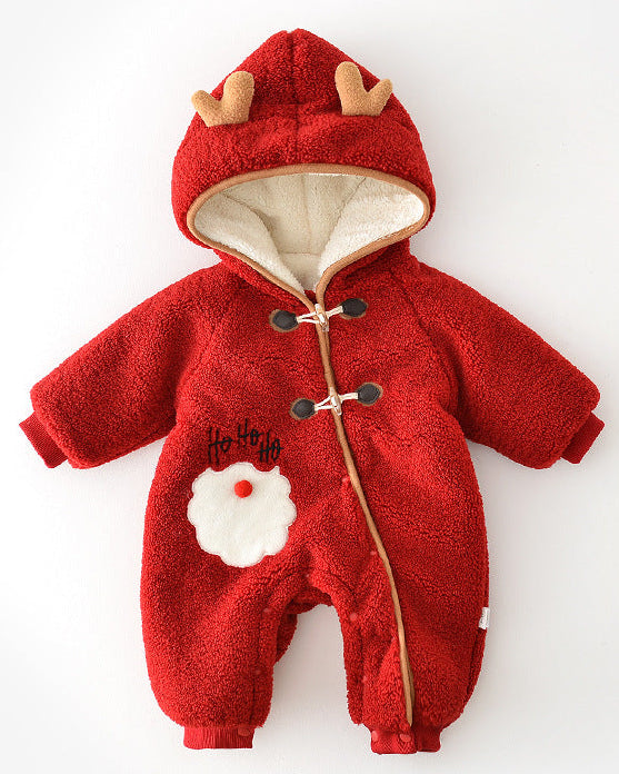 Christmas Fleece Hooded Baby Jumpsuits with Scarf