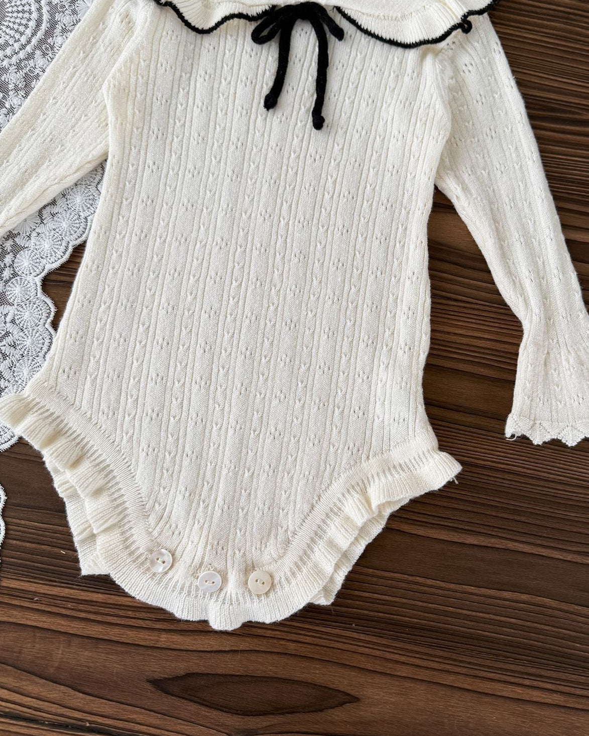 Lace-up Ruffled Bell Sleeve Knitted Baby Romper