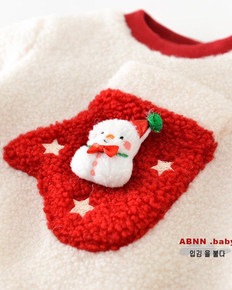 Christmas Fleece Snowman Pocket Baby Jumpsuits