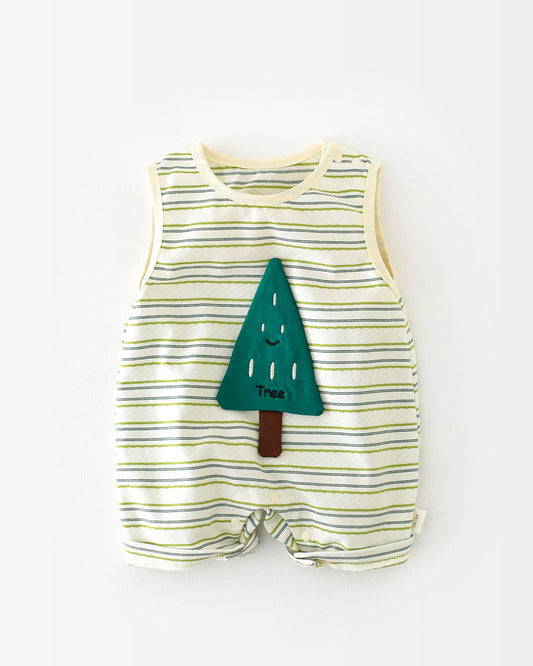 ツリー柄ストライプ柄ベビーノースリーブジャンプスーツ