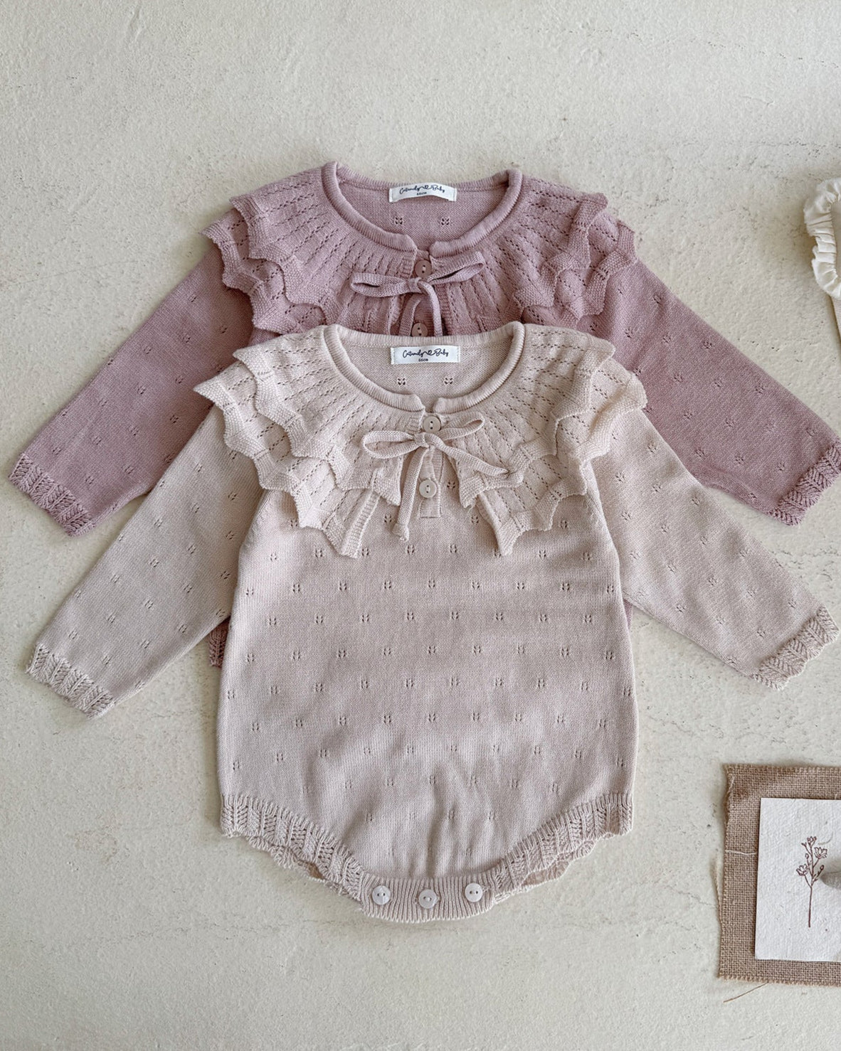 Lace-up Knitted Ruffled Collar Long Sleeve Baby Romper