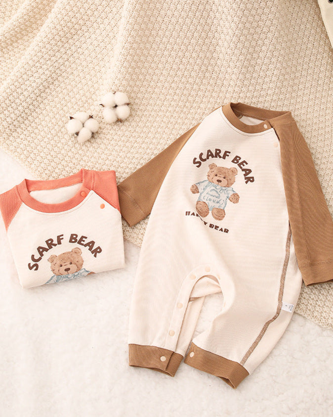 Scarf Bear Color Block Long Sleeve Baby Jumpsuits
