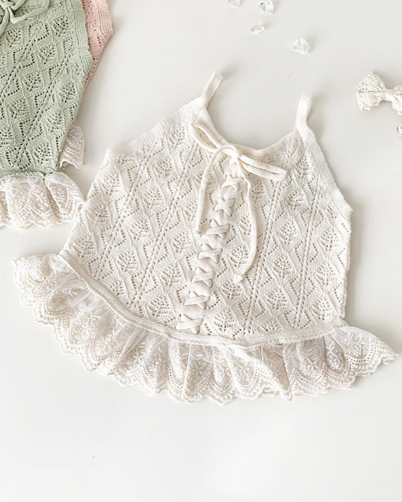 Lace-up Knitted Baby Girl Tank Top/Short Pants