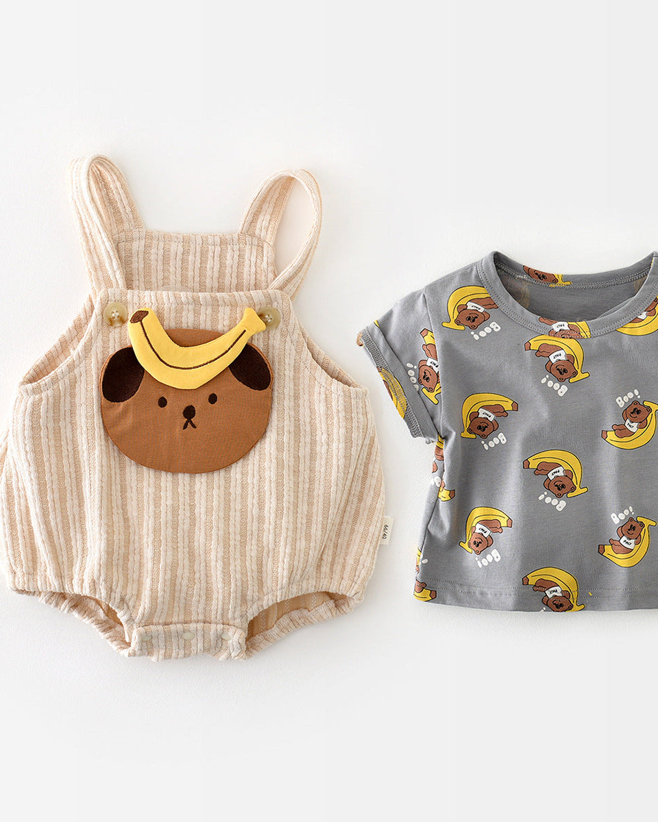 2pcs Bear Banana Pattern Baby Tee&Romper Set