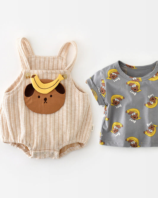 クマのバナナ柄ベビーTシャツ&ロンパース2枚セット