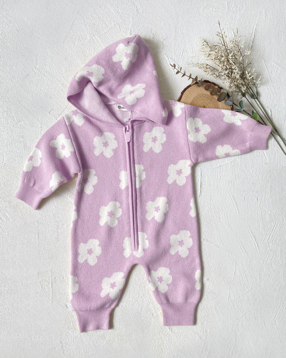Flower Zipped Knitted Hooded Baby Jumpsuits