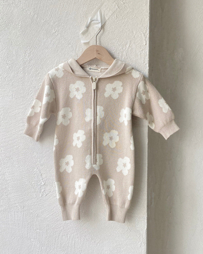 Flower Zipped Knitted Hooded Baby Jumpsuits