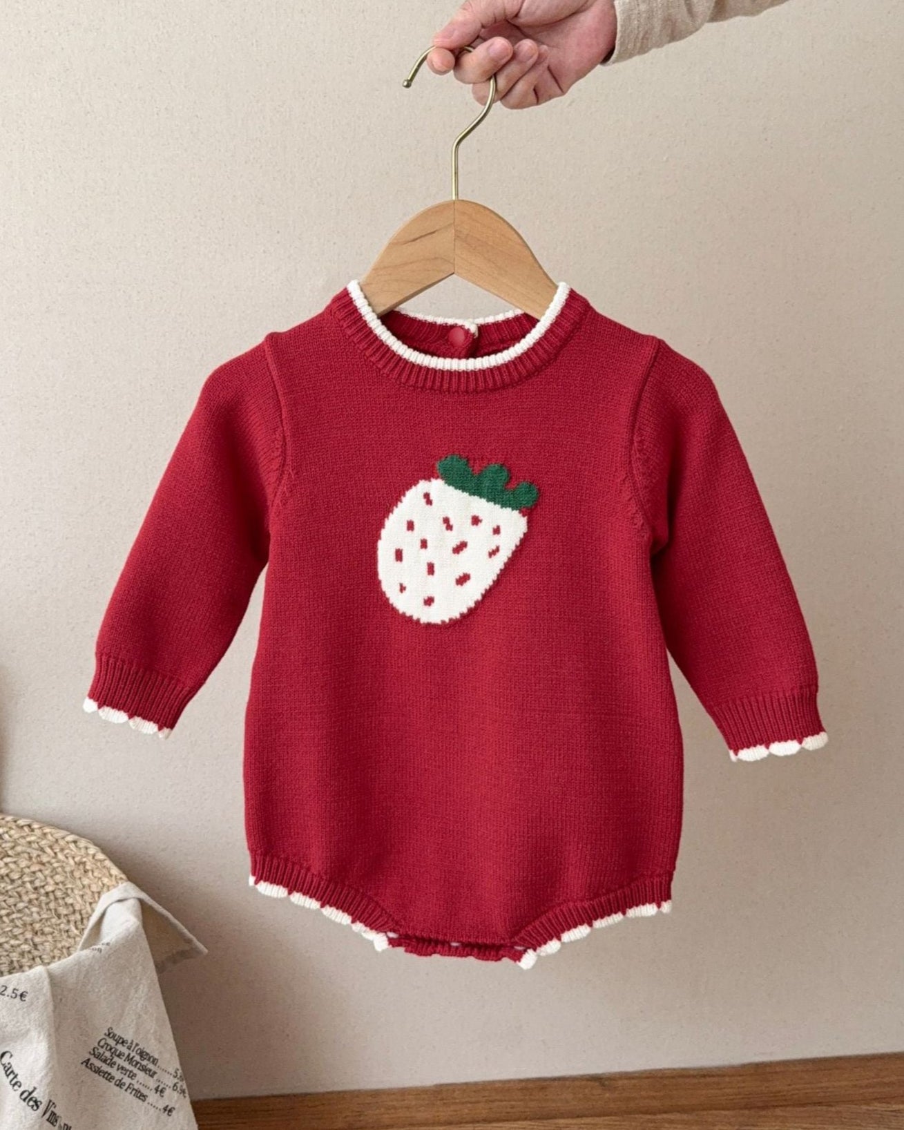 Strawberry Pattern Knitted Long Sleeve Baby Romper