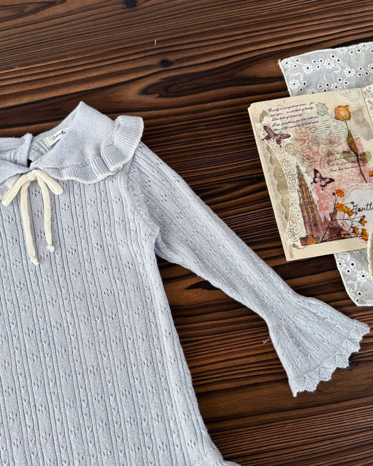 Lace-up Ruffled Bell Sleeve Knitted Baby Romper