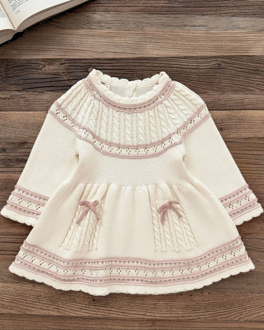 Sweet Hollowed-out Bow Decor Knitted Baby Dress